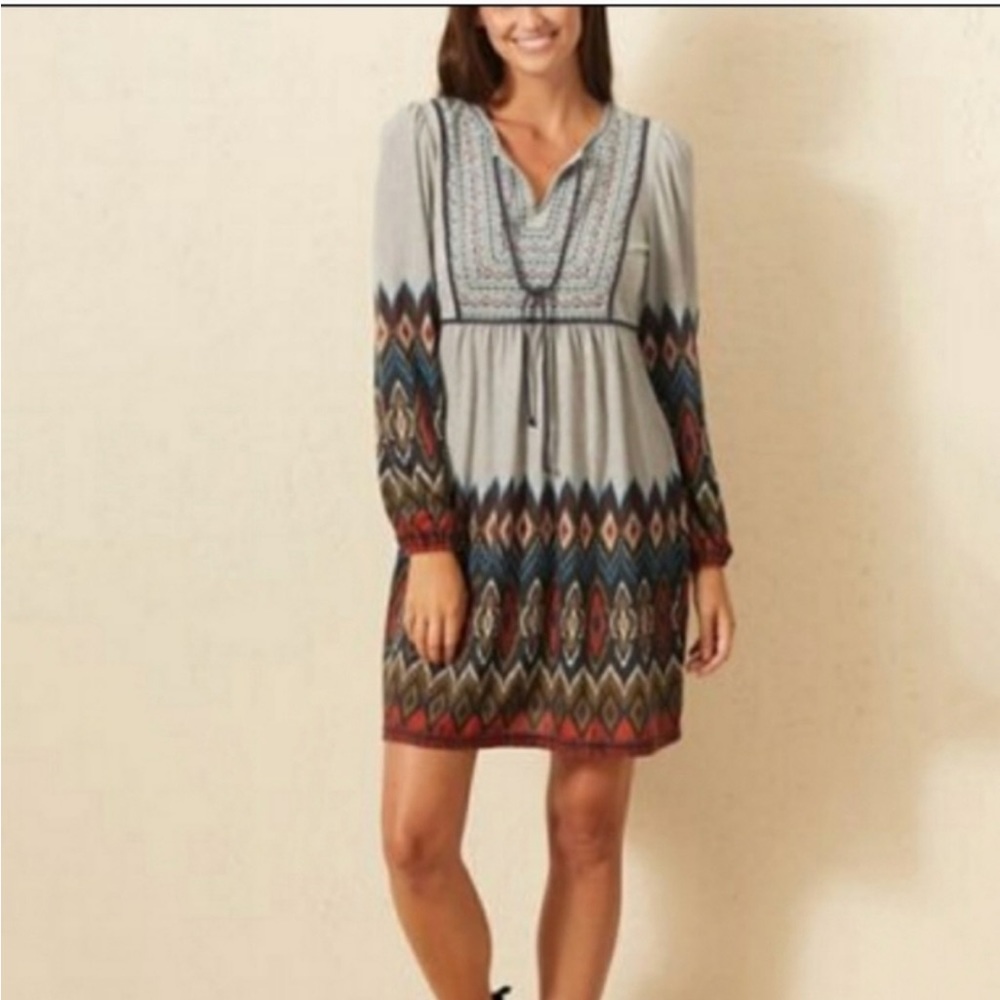 Sahalie Boho Southwestern Embroidered tribal print Pullover Dress gray XS
